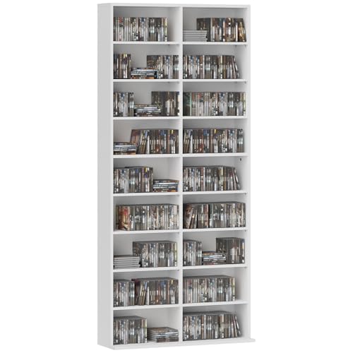 HOMCOM CD DVD Blueray Regal CD-Ständer für bis zu 640 CDs oder 360 DVDs oder 430 Blurays Aufbewahrung Bücherregal Medienregal fürs Wohnzimmer78,5 x 24 x 175 cm Weiß