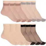 ElevateTech 12 Paar Transparente Socken Damen, Sommer, ultradünn, kühl, durchscheinende gerüschte Socken, durchsichtig, Seide, Rüschen, knöchelhoher Strumpf für Frauen, Schwarz, Haut