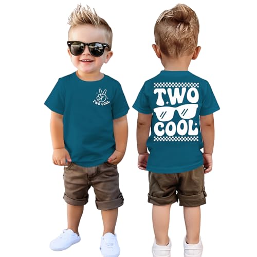 2. Geburtstag Junge T-Shirt Two COOL Tshirt für Kleinkinder mit Buchstaben Drucker Zweiter Geburtstags Shirt Sommer Kurzarm Kleinkind Announcement Outfit Baumwolle Babyshirt(Blau,2 Jahre)