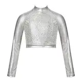 iEFiEL Mädchen Metallic T-Shirt Rollkragen Top Langarm Oberteil Bauchfrei Crop Top Sport Tanztop Kurz Tanzbekleidung Silber 140