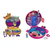 Polly Pocket FRY38 - World Flamingo-Schwimmring Schatulle, zum Spielen und Mitnehmen & GTN13 - Corgi-Hundehotel Schatulle im Haustierhotel-Design, kleine Polly und Shani Puppen, 2 Hundefiguren