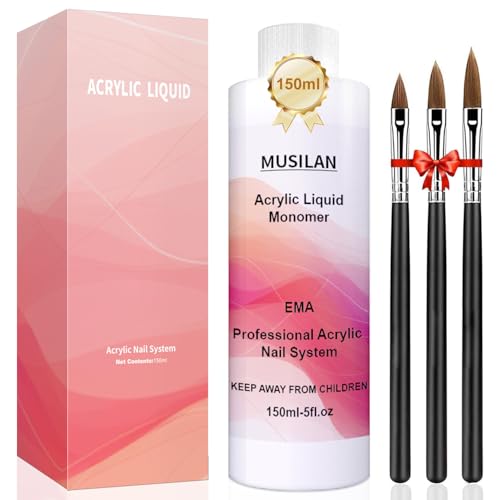 MUSILAN Acryl Liquid Monomer 150ml Acryl liquid geruchsarm für Nägel Acrylflüssigkeit mit 3PCS Acryl Pinsel Langsam Härtend Non-Yellowing Acryl Nagelset für Nageldesign in Anfänger und Studio Qualität