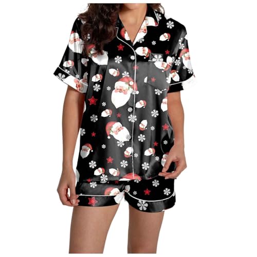 Damen Schlafanzug Langarm mit Weihnachtsdruck, Seidensatin, kurzärmliges Oberteil Knopfleiste Shorts Seidennachthemd(Schwarz,S)
