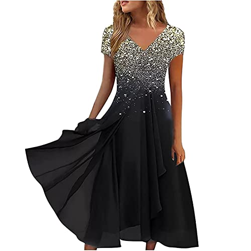 Sommerkleider Damen Elegant Kleid Sommer Chiffon Sommerkleid V Ausschnitt Partykleid High Waist Cocktailkleid Festliche Kurzarm Solide Glitzerkleid Sexy Kleider Schlank Maxikleid