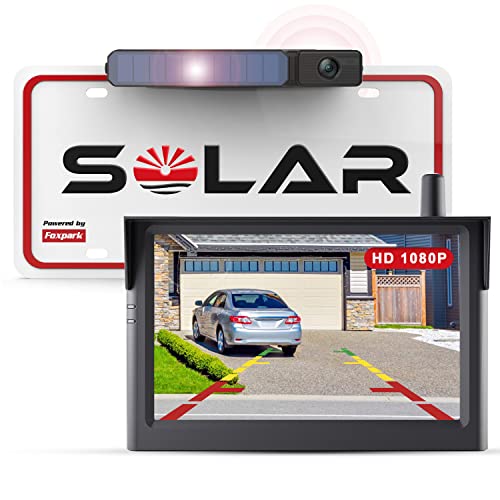 Foxpark Solar Kabellos Digital Rückfahrkamera Set (1080P), 3 Min. DIY Installation, Unterstützt 2 Kameras Funk mit 5" Monitor, IP69K Wasserdicht für Auto, SUV, Van, Wohnmobil