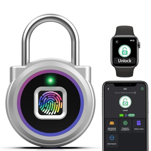 Vorhängeschloss Wetterfest für Spind mit Fingerabdruck iOSwatch App Smart Schloss mit Fingerabdruck Klein für Schrank Schließfach Gym Aussenbereich Zelt Keller Outdoor Regenbogenfarbe