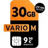 Vario M | Allnet 30 GB | 9,99 EUR/Monat | LTE 100 | 40 EUR Bonus bei Rufnummernmitnahme | 24 Mon. Laufzeit