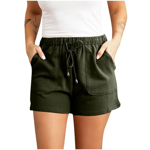 Hautfarbene Shorts Damen mit Kordelzug, lässig, elastischer Bund, Reine Farbe, Sommer-Strand-Shorts, leichte Kurze Hose Taschen Schwarz(Armeegrün,M)