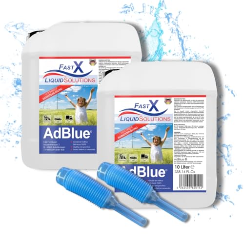 FASTX LIQUIDSOLUTIONS AdBlue 2x10 Liter (20Liter) Set inklusive Einfüllhilfe/Einfüllschlauch – Hochreine SCR Harnstoff, Harnstofflösung für Diesel Fahrzeuge, Auto, PKW, LKW