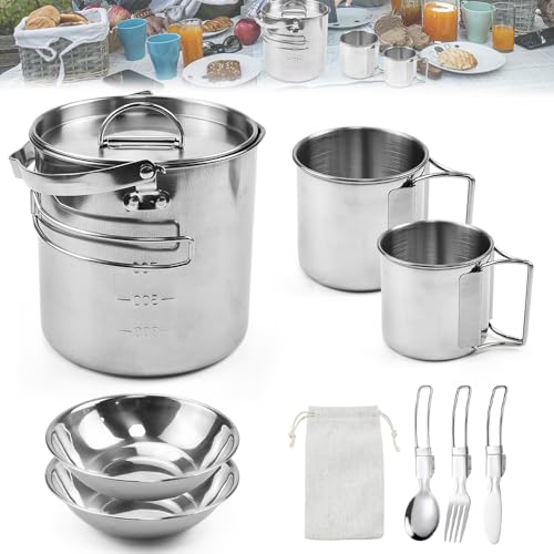 REFORUNG 9-Teiliges Camping Kochgeschirr Set 1.2L Camping Kochen Teekessel Kaffeekanne mit Camping Becher Camping Picknick Teller Edelstahl Reisebesteck Set für 1-3 Person Outdoor und Camping