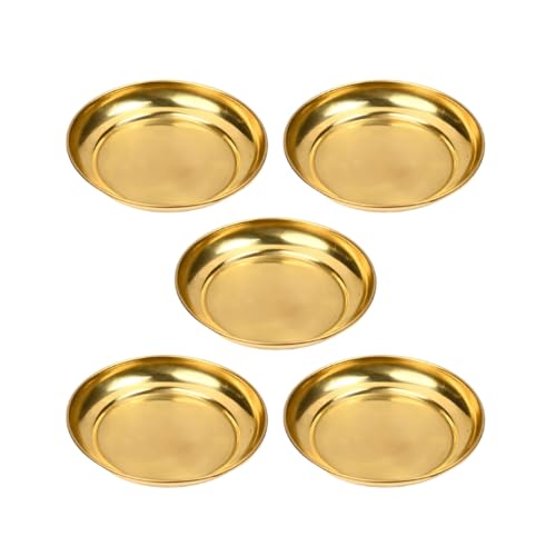 Set of 5 Plate Small Decorative Brass Plate Thali Decorative Indian Prasad Plate Katori for Pooja Utensils Item Articles for Indian Traditional Pooja Festival Decoration(Golden)(Size 3" Diameter)