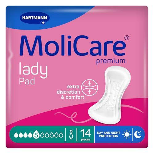 MoliCare lady Pad 5 Tropfen Extra lange Inkontinenzeinlage für Frauen mit mittlerer Blasenschwäche, Schutz in der Nacht, Geruchsneutralisator, Fortschrittlicher Hautschutz, 14 Stück