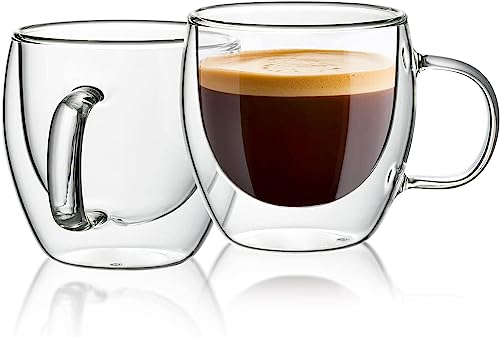 LENAOBEN Doppelwandige Espresso-Gläser mit Henkel, (2er Set) - 5 Unzen 150ml, Mokkatassen, Thermo-Gläser mit Schwebe-Effekt für Espressomaschine, Latte, Getränke, Tee, Cappuccino (150ml)