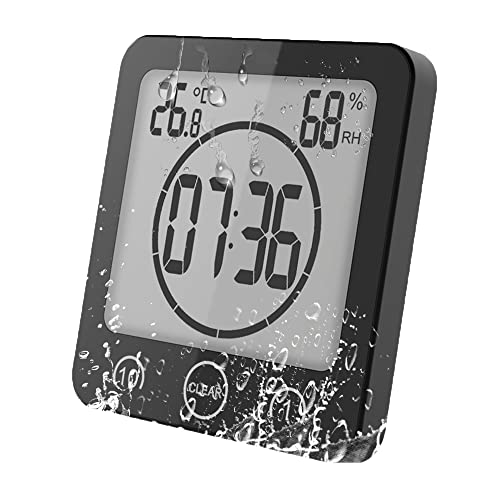 VORRINC Badezimmer Uhr, Badezimmeruhr mit saugnapf, Bad Uhr Badezimmeruhr Wasserdicht Berührungssteuerung ℃ / ℉ Luftfeuchtigkeit Temperatur LCD Display, Countdown Timer, 3 Montagemethoden (Schwarz)