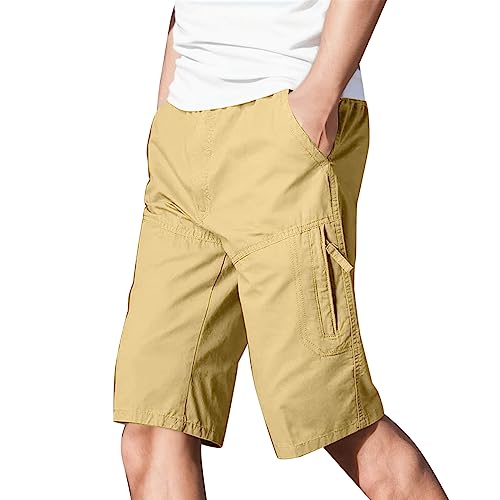 Herren Baumwolle Vier Jahreszeiten Einfache Einfarbige Elastische Taille Overalls Casual Hosen Shorts Langlaufski Herren Cargo Hosen Herren Kurze Hosen Herren Sommer Sporthosen Herren (Yellow, XL)