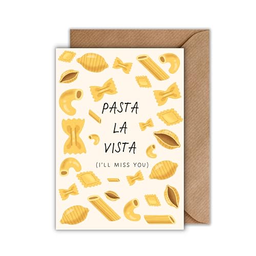 WBdesignz – Abschiedskarte „Pasta la Vista (I'll miss you)“ mit Umschlag – Lustige Karte mit Nudelmotiv für Abschied & Kolleg:innen (DIN A6)