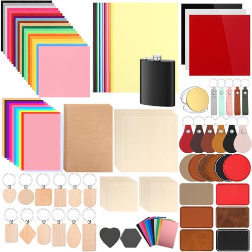 Tondiamo 137-teiliges Lasermaterial-Erkundungs-Set, Laserschneidmaterialien, Gravurmaterial, Zubehör, einschließlich Acryl, Holz, Metall, PU-Leder, Stoff, Stein, Gummimaterialien für Laserschneider,