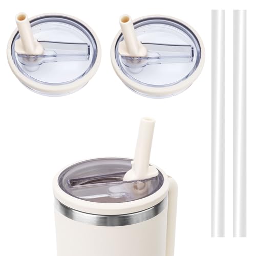 WALLFID 2pcs Auslaufsichere 40oz Becher Flip-Strohhalm Deckel Ersatz,Kompatibel mit Stanley 40oz Becher,Auslaufsicher und Staubdicht,Leicht zu reinigen,mit 2 Strohhalmen (Cremeweiß)