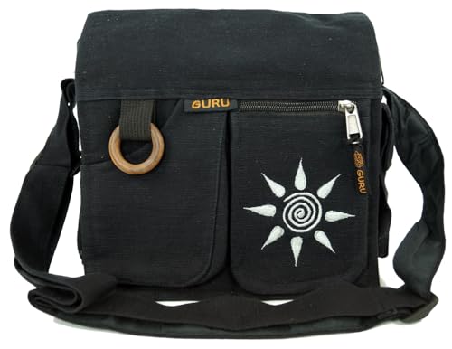 GURU SHOP Boho Schultertasche, Hippie Tasche Sonne, Vintage Umhängetasche - Sonne/schwarz, Unisex - Erwachsene, Baumwolle, 25x25x7 cm