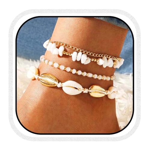 Reaky Boho-Fußkettchen mit Perlen, goldfarbene Fußkettchen, 4 Stück, Muschel-Fußketten, Sommer- und Strandschmuck für Frauen