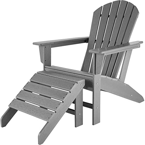 tectake 800818 Adirondack Gartenstuhl mit Fußstütze, Holzoptik, wetterfest, Gartensessel aus Kunststoff, hohe Rückenlehne, breite Armlehnen, für Garten Terrasse Balkon (Grau-Grau | Nr. 404609)