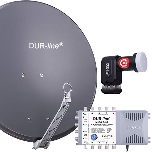 DUR-line 8 Teilnehmer Set - Qualitäts-Alu-Satelliten-Komplettanlage - Select 75cm/80cm Spiegel/Schüssel Anthrazit + Multischalter + LNB - für 8 Receiver/TV [Neuste Technik, DVB-S2, 4K, 3D]