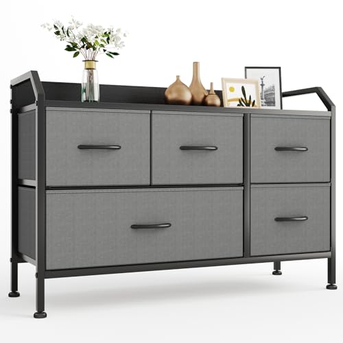 Kommode für Schlafzimmer mit 5 Extrabreiten Stoff Schubladen, Schrank Organizer Kleiderschrank, Kommoden & Sideboards mit Holzplatte, Langer Aufbewahrungsschrank für Wohnzimmer, Flur möbel - Schwarz
