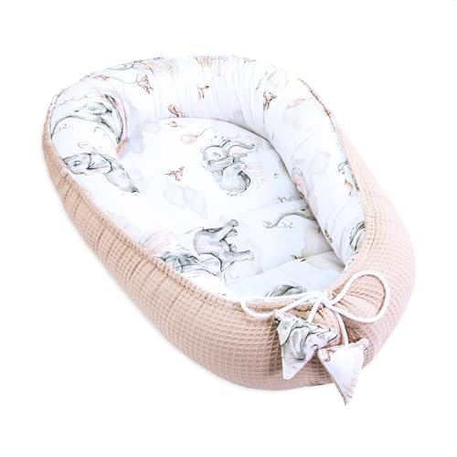 Babynest Neugeborene Nestchen Baby 90x50 cm - Kokon Handmade zweiseitig aus Baumwolle Waffel mit Babynestchen Elefant Beige