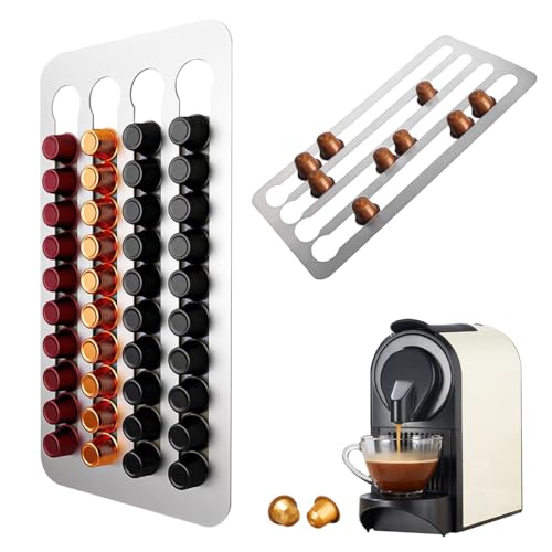 Suevut Kaffeekapseln Aufbewahrung für Nespresso Kapselhalter Wand,40.5x22cm Edelstahl Coffee Capsule Holder,3M Klebestreifen Kapselständer,4 Rows für 40 Kaffeekapseln Ohne Bohren Halter