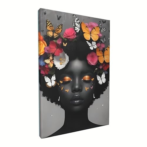 Gerahmtes Kunstwerk, graue Wanddekoration, afrikanisches schwarzes Mädchen, Blumen- und Schmetterlingsbilder, Wandkunst für Schlafzimmer, schwarze Frauenporträts für Schlafzimmer, ästhetische