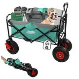 LEMODO Bollerwagen faltbar, Handwagen mit Luftreifen, Leiterwagen mit 120 kg Tragkraft, Faltbollerwagen mit 2 Bremsen, Transportwagen für Hunde, Utensilien und Gepäck (grün-grau, ohne Dach)