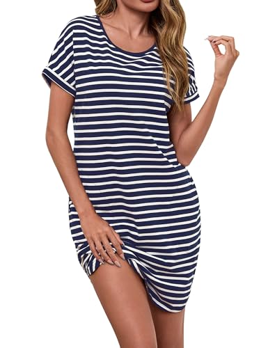 Litherday Nachthemd Damen Kurz Nachtwäsche Streifen Nachtkleid aus 95% Baumwolle Loungewear Negligee Kurze Ärmel Sleepshirt mit 2 Tasche, Dunkelblau+weiß, XL