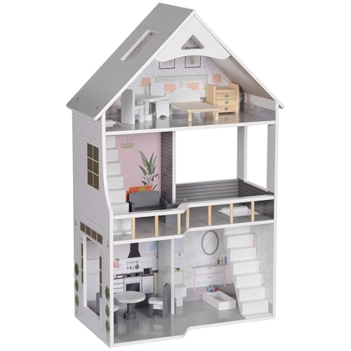 AIYAPLAY Puppenhaus aus Holz, 3-stöckiges Spielhaus mit 13 Möbelstücken, Zubehör, 85,3 cm Hoch Dollhaus für 3-6 Jahre Kinder, Grau