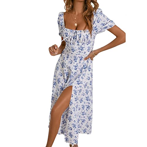 Sommerkleid Damen Midi Elegant Blumen Gesmoktes Kleid mit Schlitz Korsett Kleider Damen Sommer Geblümt Corset Strandkleid Damen A Linie Boho Sommerkleider Damen Leicht Und Luftig Blumenkleid