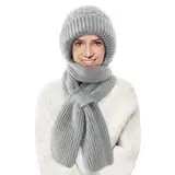 beifon Integrierter Gehörschutz Winddichte Mütze Schal, Verdickter Kapuzenschal Damen Winter, 2 in 1 Maskenschal Wintermütze Warmer Einteiliger Mützenschal Mütze Schal Set Damen(Grau)