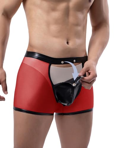 ohyeahlady Latex Boxershorts für Männer Sexy Unterwäsche Wetlook Große Größen Höschen Sissy Dessous Reizwäsche Herren Erotisch Slips Mesh Unterhosen Transparent Boxer Briefs Rot L