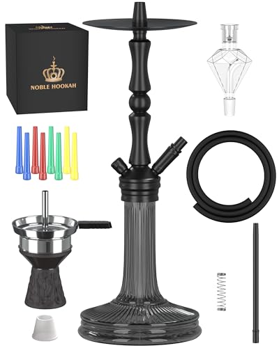 NOBLE HOOKAH 77cm Shisha Set Komplett aus Aluminiumrohr mit 1 Anschluss und komplettem Shisha Zubehör - Shisha Kopf, schöne Glasvase, Melassefänger, 1 Schlauch und Griff (Schwarz)