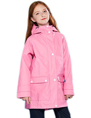 SOLOCOTE Kinder Regenjacke mit Kapuze gefüttert Gummi Regenmäntel für Mädchen Jungen Wasserdicht Winddicht Größe Rosa 11-12Y