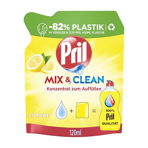 PRIL Mix & Clean Zitrus Konzentrat zum Auffüllen (120 ml), Handgeschirrspülmittel mit höchster Fettlösekraft, für sauberes Geschirr auch in kaltem Wasser, 82% weniger Plastik