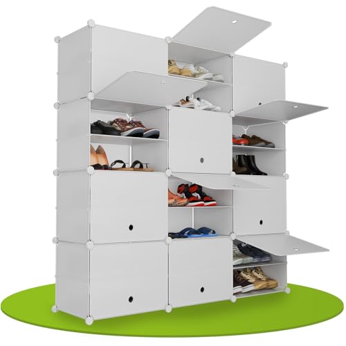 Juskys Schuhschrank mit 12 Würfel & Türen - Kunststoff Schrank für bis 48 Paar Schuhe - Regal geschlossen - Steckregal Schuhregal - Würfelregal Weiß
