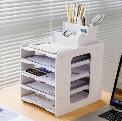 LATERN 5 Stufiger Briefablage Organizer, A4 Papier Ablagefach Aktendokumenthalter Schreibtisch Organizer mit Stifthalter für Home Office Schule Desktop Organisation (Holz-Kunststoff)