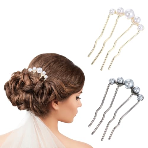 2 Stück Haarkämme Zum Stecken Steckkamm Haare French Hair Comb Steckkamm mit Perlen Seitlicher Haarkamm French Pin U Form Haarnadeln für Frauen Mädchen Braut Haarschmuck
