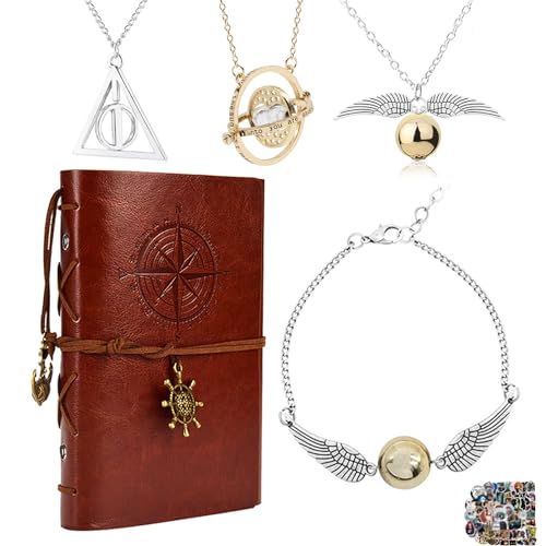 TFYU H.P Zauberbuch Kunstleder Notizbuch Drehender Sanduhr-Charme Halskette Zeitumkehr. Death丨y Armbänder Hallows Golden Snitc. Schmuck Set mit Cartoon-Aufklebern 15 Stück