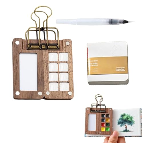 3 Stück Mini Palette, Mini Aquarell Set, Pocketartist Travel Set, 8 Grids Mini Holz Reise Malpalette Malkasten, Aquarell-Reise-Set mit Binder-Clips für Maler, Künstler, Studenten