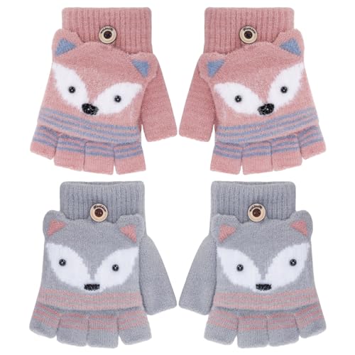 Firtink 2 Paar Kinder Halbfinger Handschuhe mit Flip Top,Fingerlose Handschuhe Fäustlinge Kinder Warm Winter Cartoon Strick Finger Handschuhe für Kinder Jungen Mädchen,7-10 Jahre(One Size Grau,Rosa)