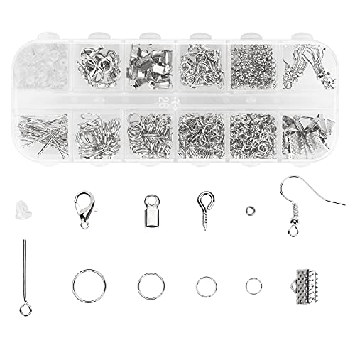 Schmuckherstellung Set, 800 Stk Schmuck Basteln zubehör Starter Kit mit Sprung Ringe und Karabinerverschluss Ohrringhaken usw, für DIY Bastelbedarf und Reparatur Halskette, Armband, Ohrringe (Silber)