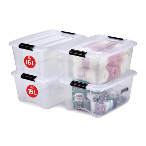 Iris Ohyama Aufbewahrungsboxen mit Deckel, 15L, 4er-Set, Transparent, Sicherer Verschluss, Stapelbar, Griffe, Schlafzimmer, Schrank, Büro, Organisation, BPA-freies Plastik, Ordnungsboxen, NTB-15