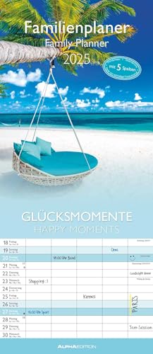 Alpha Edition - Glücksmomente 2025 Familienplaner, 19,5x45cm, Familienkalender mit 5 Spalten für Termine, Mondphasen, Kalenderwochen, Ferientermine DE/AT/CH und internationales Kalendarium