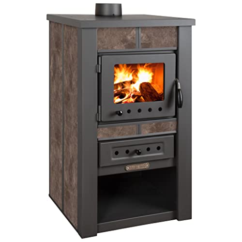 ProTermo Alpina Ceramic Mokka Kaminofen mit Schamottstein - 8 kW Heizleistung - 50 x 48 x 82 cm Holzofen mit Sichtfenster - Bauart 1