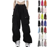 Girl Cargohose Damen Baggy -Y2K Track Pants Hip Hop Parachute Pants Low-Taille Streetwear Vintage Lang Freizeithose Weite Fallschirm Hose 90er mit Taschen, Kordelzug